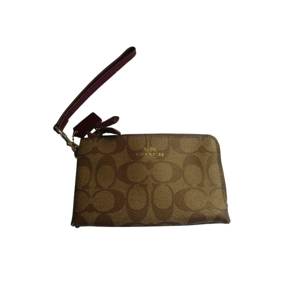 Coach Signature Brown & Burgundy Wristlet With Zip Closure